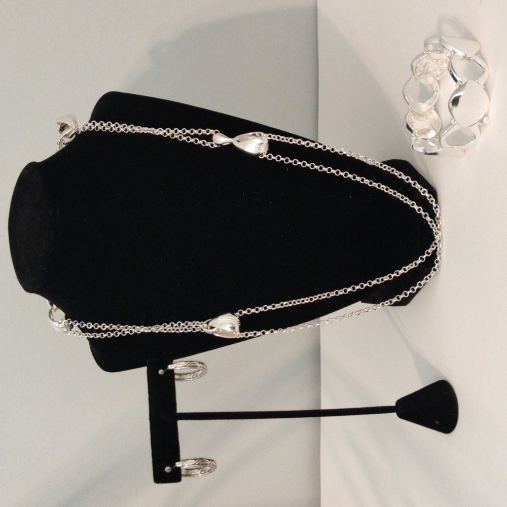 Napier silver tone long chain necklace, earrings and 9W bracelet bundle